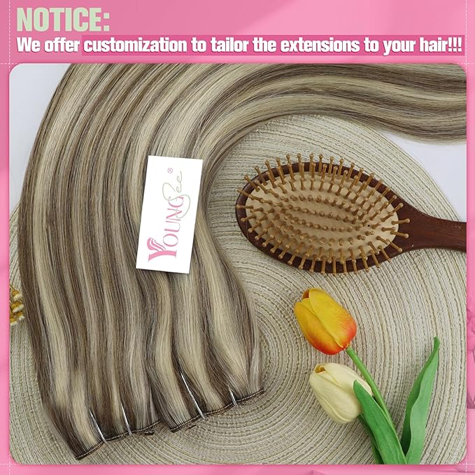 YoungSee 120G Wire Hair Extensions Highlights Invisible Wire Human Hair Extensions Highlight Light Brown With Blonde Fish Line Hair Extension Human Hair 18Inch