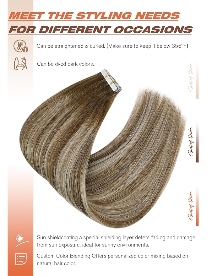 Sunny Hair Tape in Hair Extensions Medium Brown Balayage Blonde Tape in Hair Extensions Human Hair, 20 inch Remy Hair Extensions Tape in 20Pcs 50g