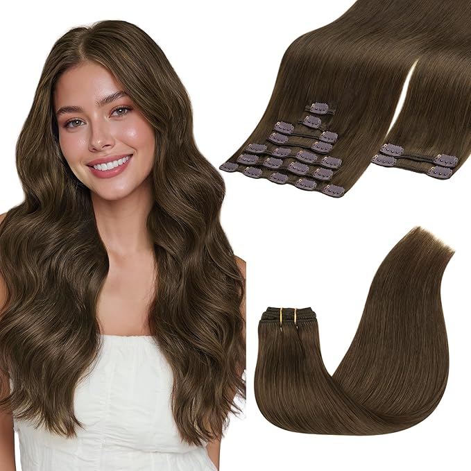 GOO GOO Clip in Hair Extensions Real Human Hair, Remy Human Hair Extensions Clip ins for Women, Natural Human Hair, 22inch 150g 9 Pcs, #4H Light Chocolate Brown
