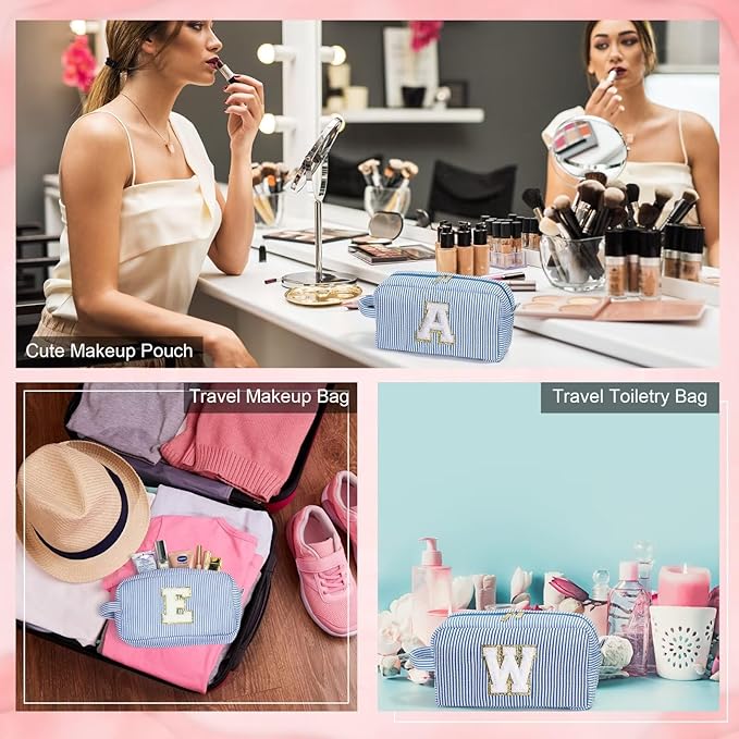YOOLIFE Teen Girls Makeup Bag - Monogram Makeup Bags Cosmetic Toiletry Pouch Make Up Case for Women Her Best Friend Friendship Sister Teacher, Personalized Birthday Gifts for Women, Blue Y