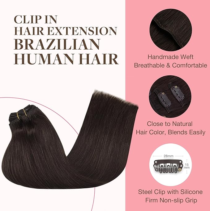 GOO GOO Clip in Hair Extensions Real Human Hair, Remy Human Hair Extensions Clip ins for Women, Natural Human Hair, 24inch 120g 7Pcs, 2A Light Brown