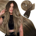 Moresoo Seamless Clip in Human Hair Extensions Balayage 135g 16inch Clip in Hair Extensions for Thin Hair to Add Length Dark Brown to Golden Brown With Golden Blonde 7pcs