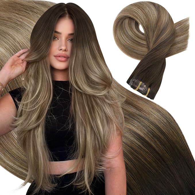Moresoo Seamless Clip in Human Hair Extensions Balayage 135g 16inch Clip in Hair Extensions for Thin Hair to Add Length Dark Brown to Golden Brown With Golden Blonde 7pcs