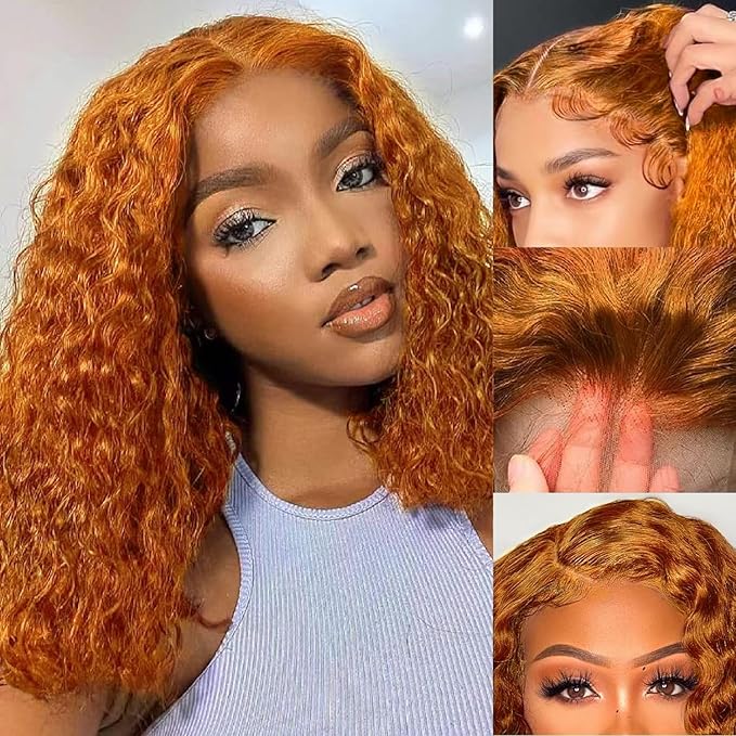GOLFMAX 8 Inch Curly Bob Wig 350# Orange Ginger Lace Front Wigs Human Hair Short Bob Wig Human Hair Water Wave 13x4 Lace Front Wigs Pre Plucked