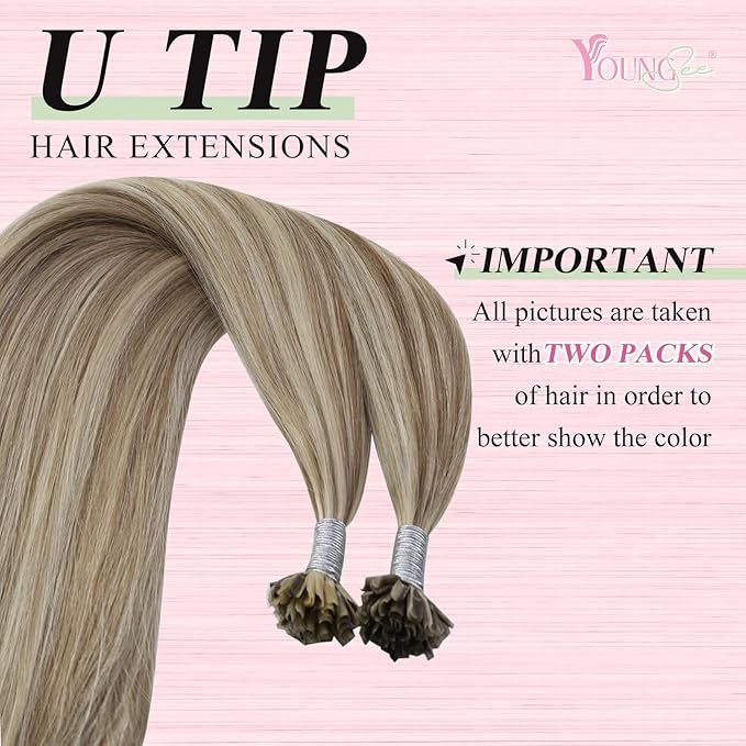 YoungSee Highlight U Tip Human Hair Extensions Light Brown Highlight Blonde Utip Extension Human Hair Silky Straight Pre Bonded K Tip Hair Extensions Add Volume Ktip Real Hair Extension 50s 50g 18in