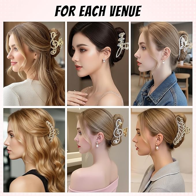 4Pcs Large Metal Hair Claw Clips with Rhinestones & Pearls, Peacock-Music Note-Butterfly-Ginkgo Non-Slip Hair Clips for Thin/Medium/Thick Hair, Gold Sparkly Strong Hold Hair Claws for Women Girls