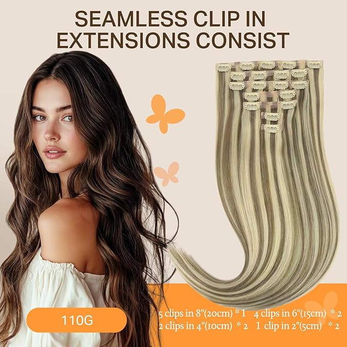 DOORES Seamless Clip in Hair Extensions, Light Brown Highlighted Medium Blonde 7pcs 120g 24 Inch, Human Hair Extensions Natural Remy Hair Extensions Straight Hair Invisi Edge Hair Extensions