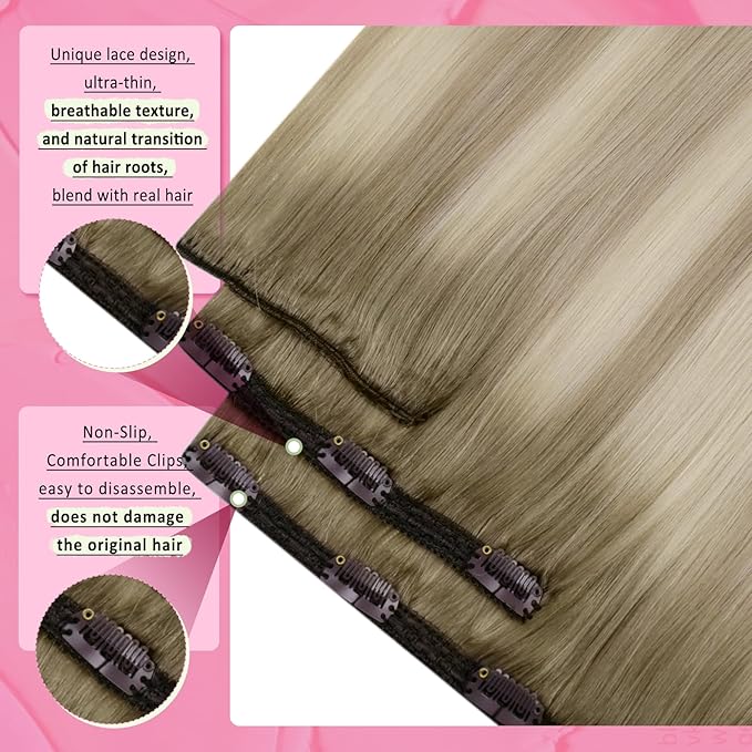 YoungSee Blonde Hair Extensions Clip ins Ombre Ash Blonde Mix Platinum Blond Clip in Hair Extensions Real Human Hair Balayage Clip in Hair Extension Human Hair for Natural Look 7pcs 120g 20inch
