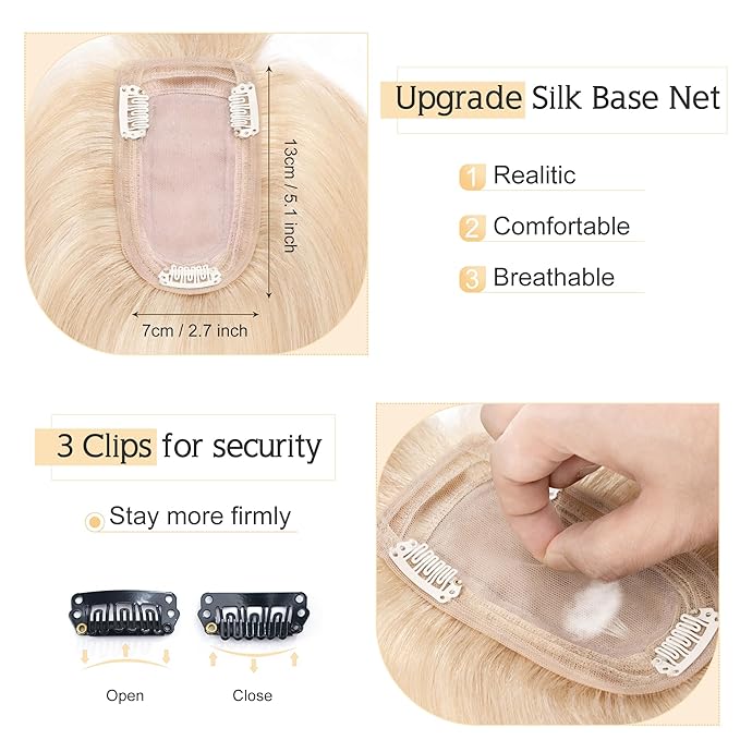 SEGO Hair Toppers for Women Real Human Hair With Bangs, 7 * 13CM Silk Base 100% Remy Human Hair Clip in Top Wiglet Hairpieces Add Volume //6 Inch Ash Blonde&Bleach Blonde