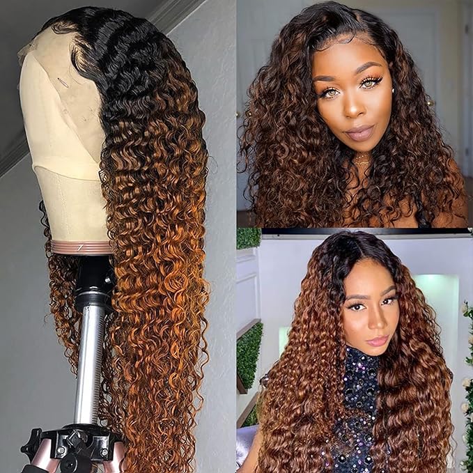 Ombre Brown Lace Front Wigs Human Hair Pre Plucked Curly Wave Brazilian Virgin Hair 13X4 HD Transparent Lace Frontal Wigs with Baby Hair 180% Density 24 Inch