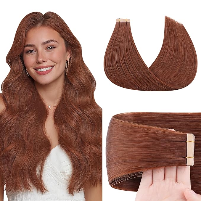 GOO GOO Tape in Hair Extensions Human Hair, #33B Dark Auburn Copper, 22inch 50g 20pcs, Skin Weft Seamless Invisible, Silky Straight with Thick Ends, Remy Human Hair