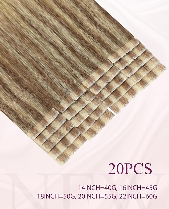 Pinkpearl Invisible Tape in Hair Extensions Human Hair, 20pcs 20inch 55g #10/27/27 Golden Brown to Caramel Blonde Injection Tape in Extensions Real Remy Seamless Human Hair Injected