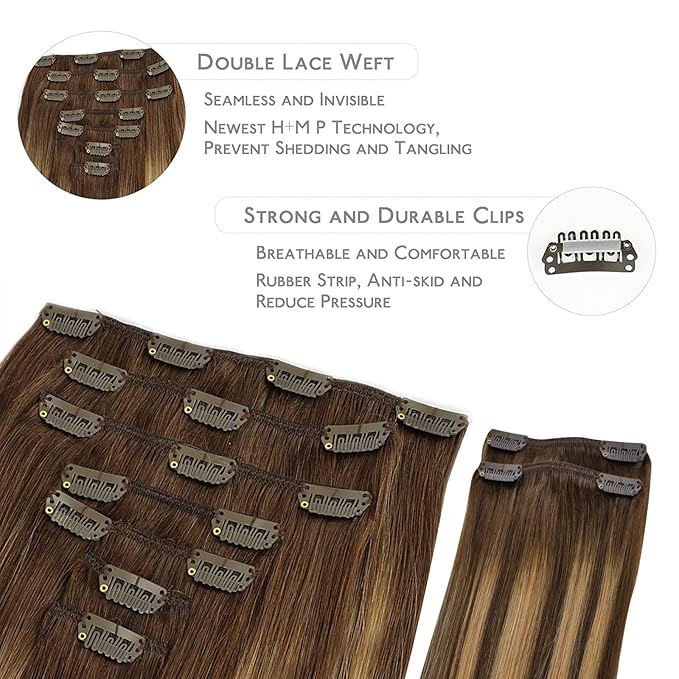 WENNALIFE Clip in Hair Extensions, 150g 18 Inch 9pcs Balayage Chocolate Brown to Honey Blonde Remy Hair Thicker Double Weft Extensiones De Cabello Humano Con Clip Ins Straight Full Volume