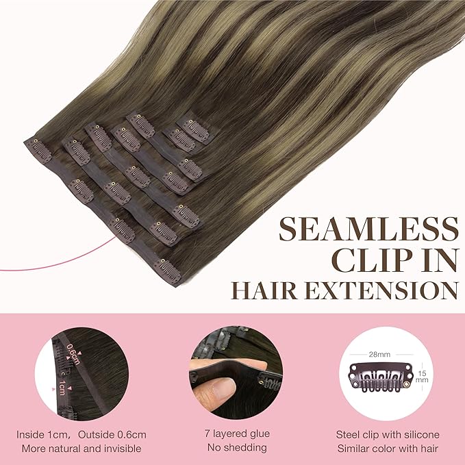 GOO GOO Clip in Hair Extensions Real Human Hair, Remy Human Hair Extensions Clip ins for Women, Natural Human Hair, 22 Inch 140g 7Pcs, 4/26/4 Balayage Chocolate Brown to Honey Blonde