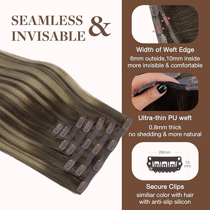 GOO GOO Clip in Hair Extensions Real Human Hair, Remy Human Hair Extensions Clip ins for Women, Natural Human Hair, 14inch 130g 9Pcs, 4/26/4 Balayage Chocolate Brown to Honey Blonde