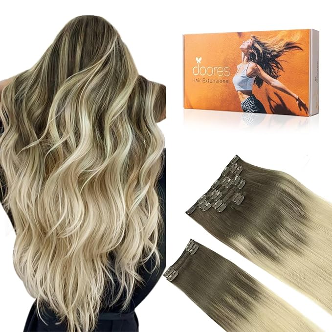 DOORES Clip in Hair Extensions Human Hair, Ash Brown to Platinum Blonde 150g 9pcs 20 Inch, Remy Hair Extensions Natural Extensions For Women Straight