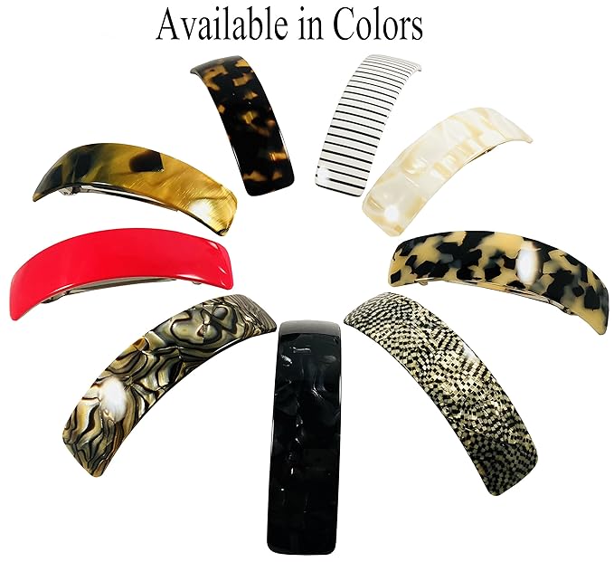 French Amie Volume Black Large Curved Handmade Strong Grip Celluloid Automatic Hair Clip Barrette (Black Finish)