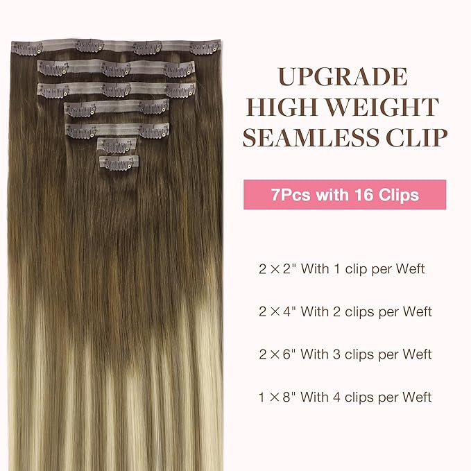 GOO GOO Clip in Hair Extensions Real Human Hair, Remy Human Hair Extensions Clip ins for Women, Natural Human Hair, 22inch 150g 7Pcs, 3/8/613 Balayage Walnut Brown to Ash Brown and Bleach Blonde