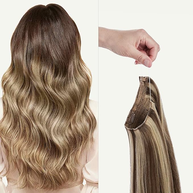 Luxy 100% Remy Human Hair – Halo Clip-In Hair Extensions –Natural Looking Volume & Length - One-Piece - Easy 5-Min Application 150 grams 12" Ash Brown Highlights