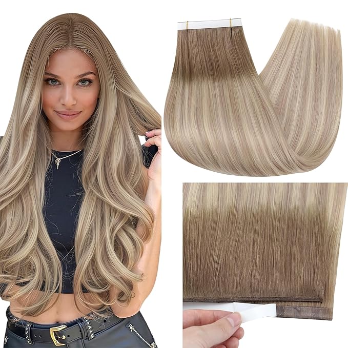 Full Shine Tape in Hair Extensions Human Hair Genius Weft Hair Extensions for Women 22 Inch Color 8 Ash Brown Ombre 60 Blonde And 18 Dark Ash BLonde Tape in Extensions 50G A Piece Full Head