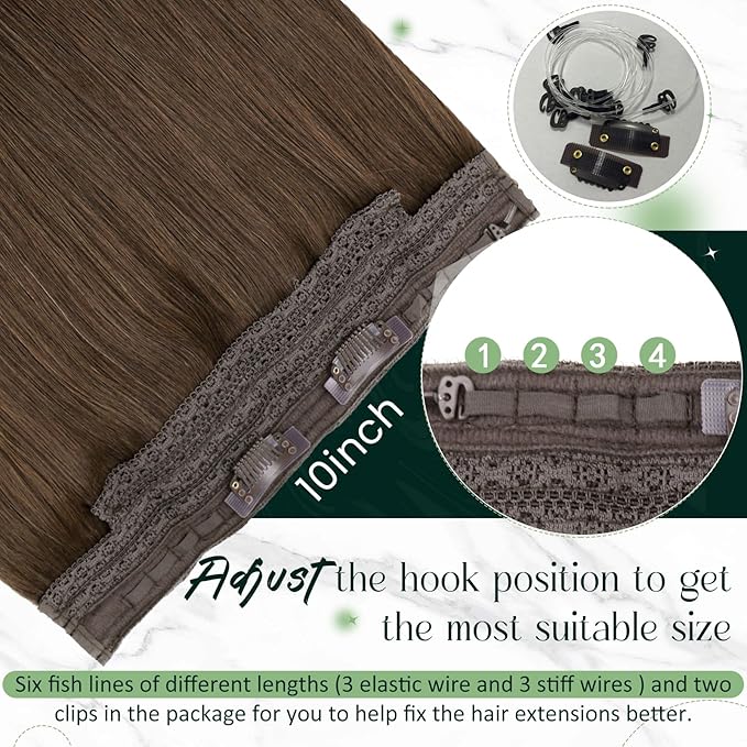 RUNATURE Invisible Wire Hair Extensions 20 Inch Brown Wire Hair Extensions Real Human Hair 100g One Piece Remy Straight Soft Hair for Women Easy to Apply #4