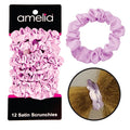 Amelia Beauty, Pink Satin Small Scrunchies, 12-Pack – No Damage Hair Ties for Women, Gentle & Durable Hair Accessories, 2.5in x 0.5in