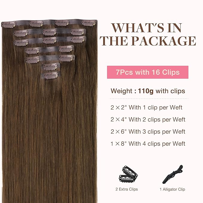 GOO GOO Clip in Hair Extensions Real Human Hair, Remy Human Hair Extensions Clip ins for Women, Natural Human Hair, 14inch 110g 7Pcs, 4A Chocolate Brown