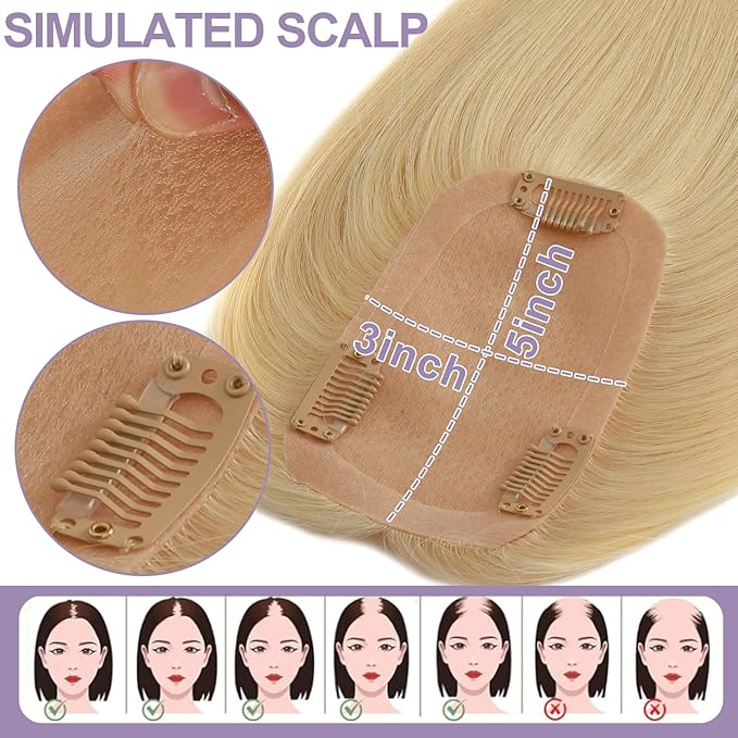 16 Inch Length Hair Toppers for Women with Thinning Hair, 3x5 Inch Injected Silk Base 130% Density Hairpieces #613 Bleach Blonde