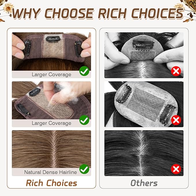 Rich Choices Real Human Hair Toppers for Women With Bang 100% Remy Human Hair Topper for Thinning Hair Clip in Silk Base Hair Topper 6 Inch #4R Chestnut Brown