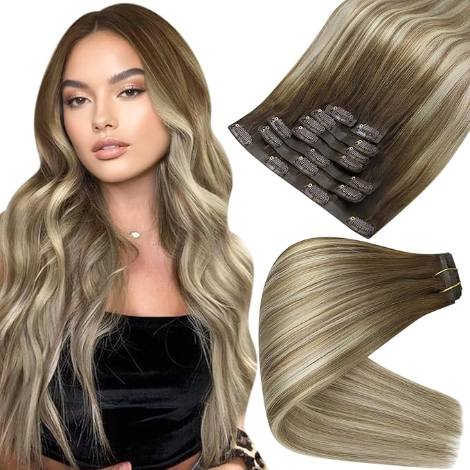 Full Shine Brown Extensions clip in Balayage Brown with Blonde Seamless Hair Extension Short 12 Inch Hair Extensions Clip in Human Hair for Women 12 Inch 95 Grams 8 PCS