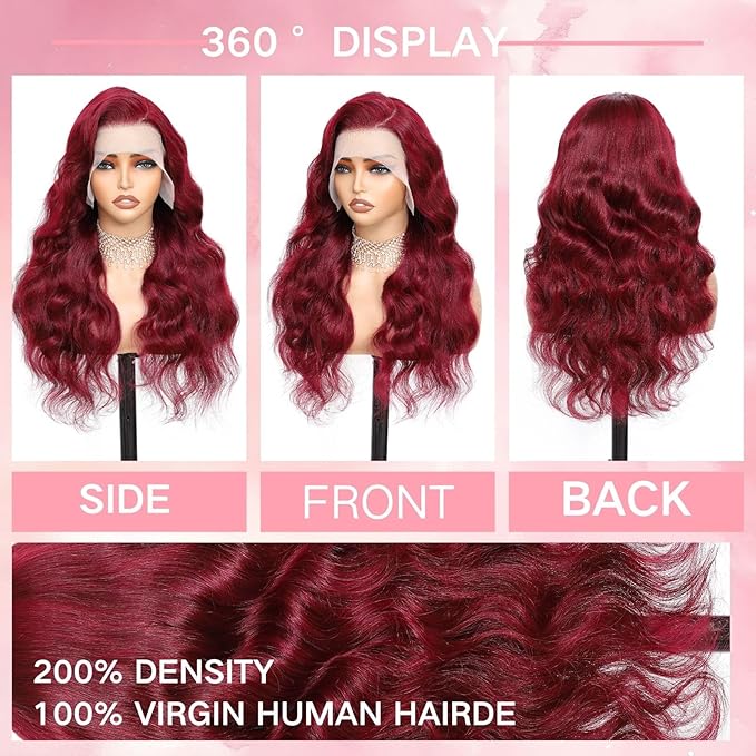 26 Inch 99j Burgundy Lace Front Wigs Human Hair 13x6 HD Transparent Burgundy Wig Human Hair 200 Density Pre Plucked Glueless Frontal Wigs Human Hair for Black Women