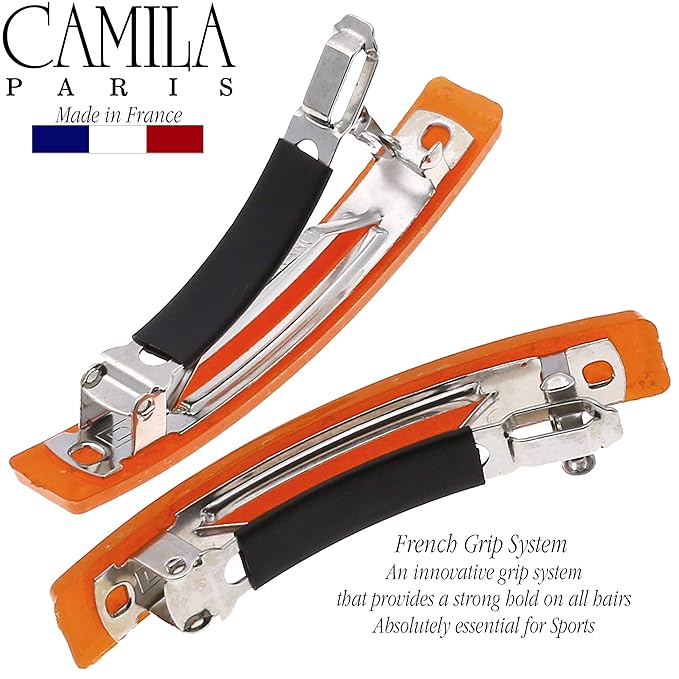 Camila Paris CP3041 French Hair Barrette Clip for Girls, Set of 2 Orange Rubberized Metal Clasp Strong Hold Grip Hair Clips for Women, No Slip Durable Styling Girls Hair Accessories, Made in France