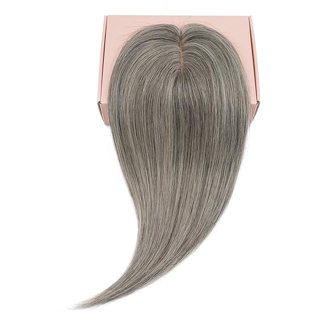 Rich Choices Hair Toppers for Women Real Human Hair 100% Human Remy Toppers NO Bangs for Women with Thinning on Top Clip in Hairpiece 4"x4.7"Lace Base 14 Inch Salt and Pepper G2 Sliver