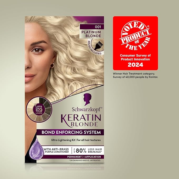 Schwarzkopf Keratin Blonde Hair Dye Platinum Blonde 001, Ultra Lightening Kit, 1 Application - Hair Bleach Enriched with Keratin, Lightens up to 9 Levels and Protects Hair from Breakage (Pack of 2)