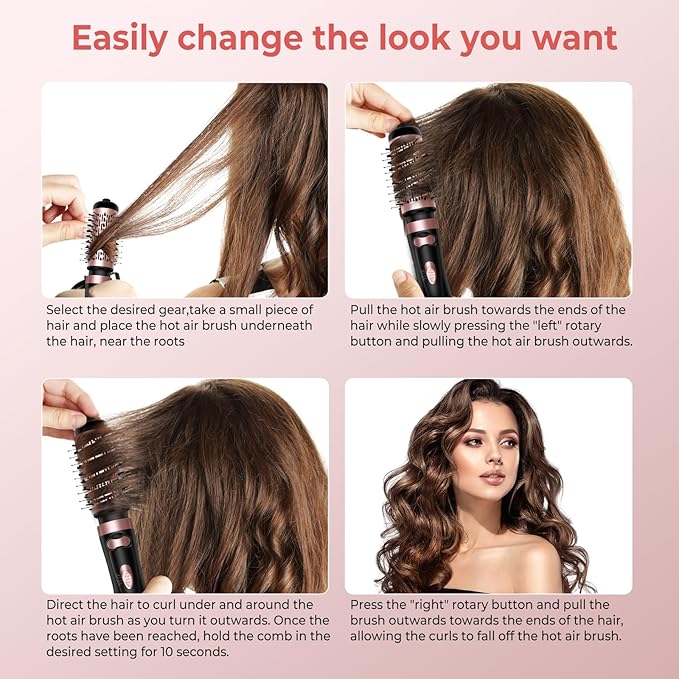 Hair Dryer Brush, 3-in-1 Rotating Round Hot Air Spin Brush Set with 2 Brushes (2" & 1.5"), Negative Ionic Blow Volumizer, 2 Detachable Auto-Rotating Curling Brush, Blow Dryer Brush,Dry as You Style