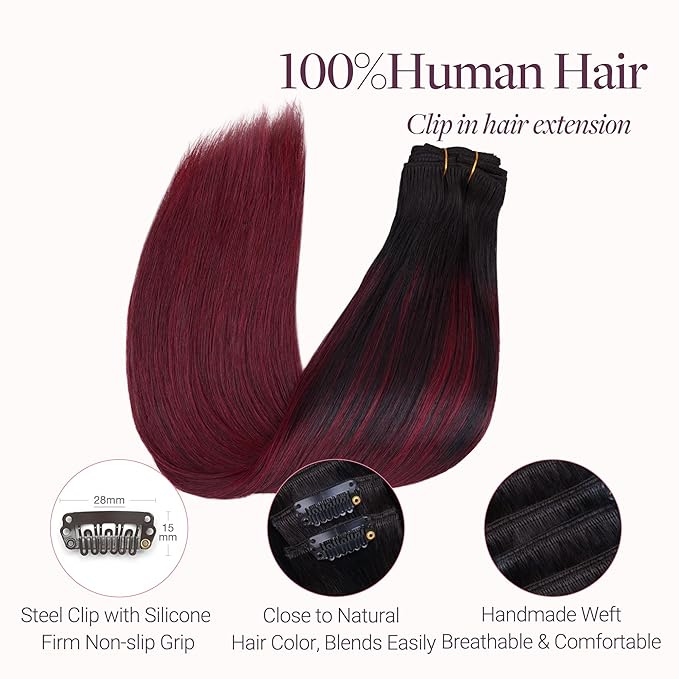 GOO GOO Clip in Hair Extensions Real Human Hair, Remy Human Hair Extensions Clip ins for Women, Natural Human Hair, 16inch 120g 7 Pcs, #1/99j Balayage Jet Black to Red