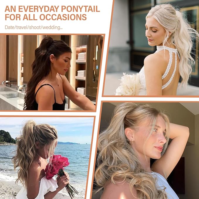 24 Inch Ponytail Extension, Layered Ponytail Extensions for Women, Soft Wavy Claw Clip in Ponytail Extension, Natural Synthetic Hair Pieces for Women (Color: Dark Brown with Honey Blonde Highlights)