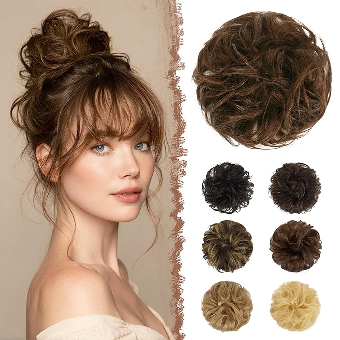 FESHFEN Human Messy Buns - 100% Human Hair Bun Real Scrunchies Hair Pieces Ponytail Extensions Wavy Tousled Updo Chignon Hairpieces for Women，Chocolate Light Brown