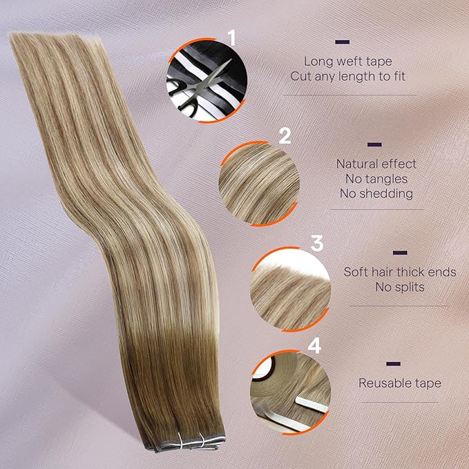 Full Shine Tape in Weft Hair Extensions Human Hair Color 3/8/22 Balayage Tape ins Exensions Long Weft Tape Seamless Extension 22Inch Silky Straight Wide Tape in Hair Extensions Natural 50G One Piece