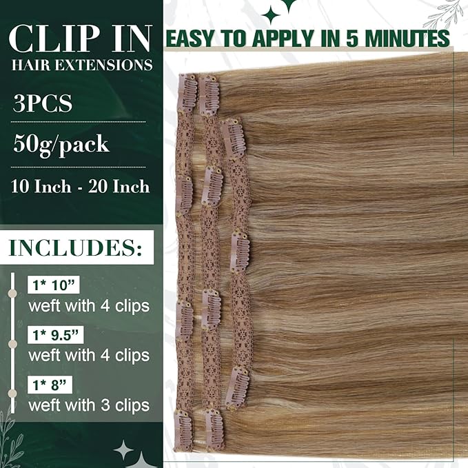 RUNATURE Human Hair Clip in Extensions, 10 Inch Short Clip in Hair Extensions Real Human Hair, Remy Natural Hair for Women, Easy to Apply, 50g 3pcs #10P16 Dark Blonde Highlight Caramel Blonde