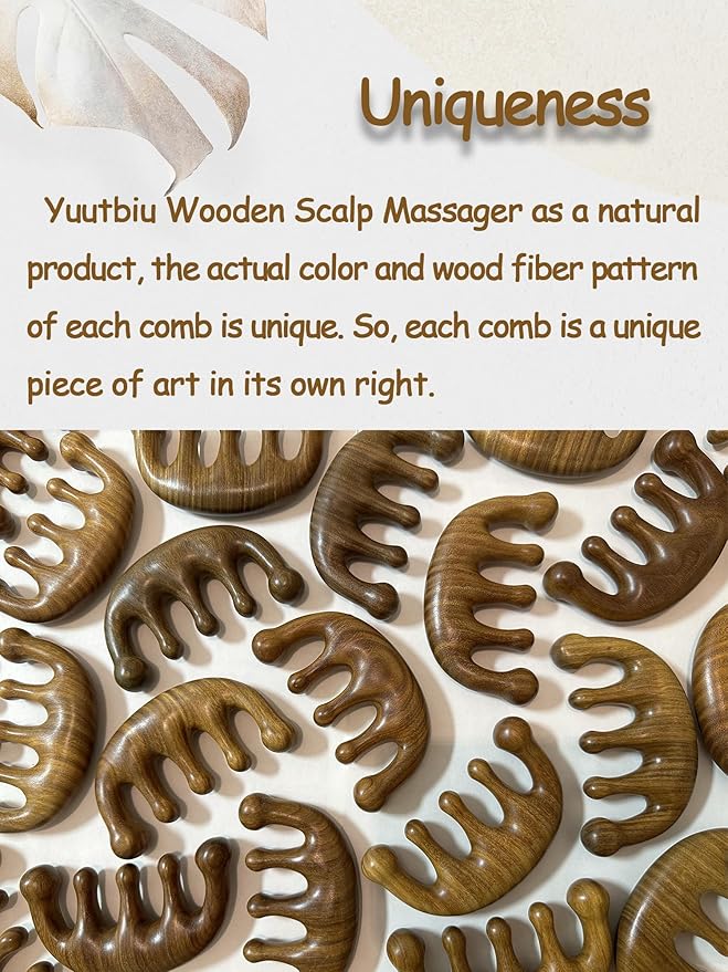Wooden Scalp Massager & Head Massager, Natural Green Sandalwood Wide Tooth Comb for Scalp Care, Hair Growth, Stress Relief & Relaxation, Handheld Wood Therapy Massage Tool