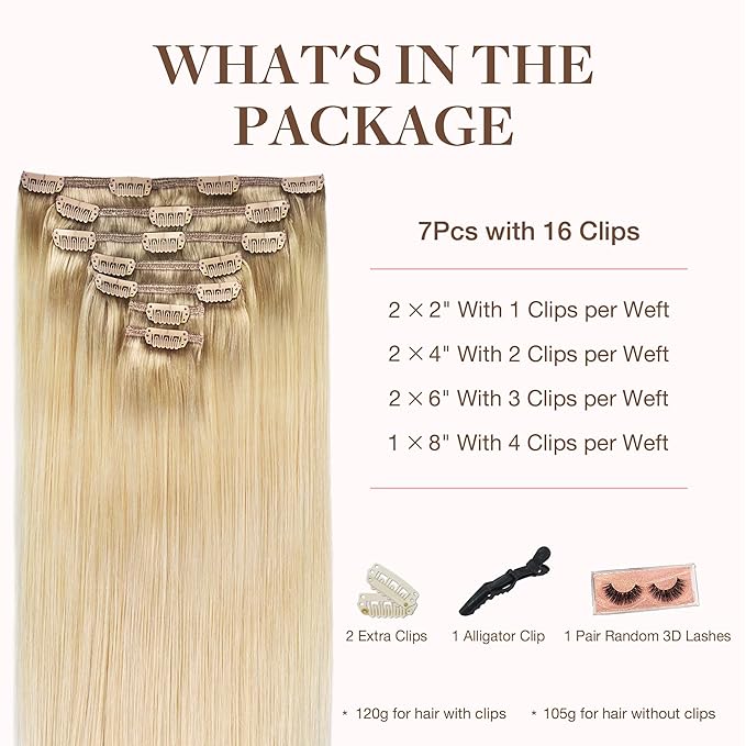 GOO GOO Clip in Hair Extensions Real Human Hair, Remy Human Hair Extensions Clip ins for Women, Natural Human Hair, 22inch 120g 7Pcs, #R7/60F