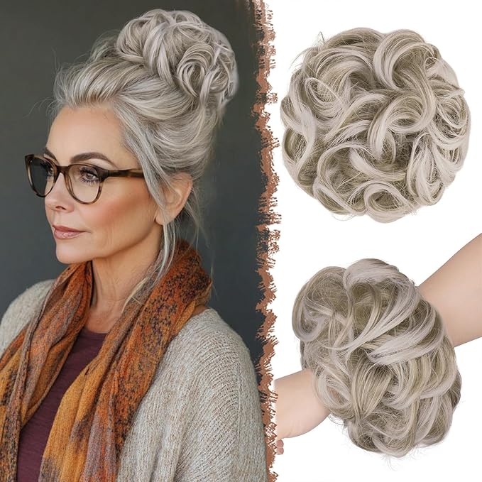 FESHFEN Messy Bun Hair Piece - Large Elastic Wavy Curly Hair Bun Scrunchies Ponytail Extensions Synthetic Chignon Hairpieces for Women, Silver Blonde 1.94oz
