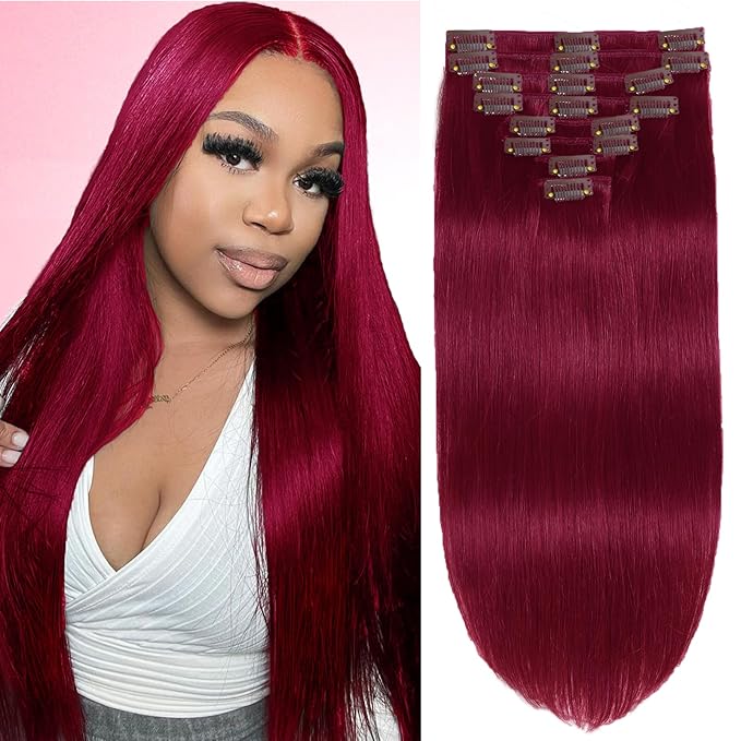 Clip in Hair Extensions Real Human Hair 125g Burgundy Real Hair Extensions Human Hair Clip ins 8pcs 18clips Double Weft Human Extensions for Women Hair Loss and Thinning Hair