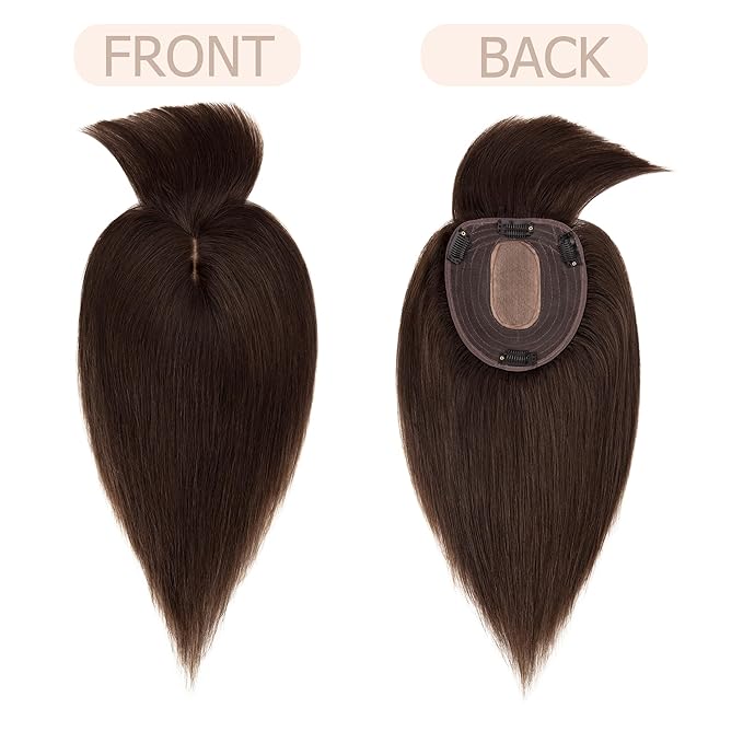 Hair Toppers for Women Real Human Hair With Bangs, 13 * 15 cm Larger Silk Base 150% Density Clip In Topper Hairpieces, Wiglet Top Pieces Add Volume -12 Inch 02 Dark Brown