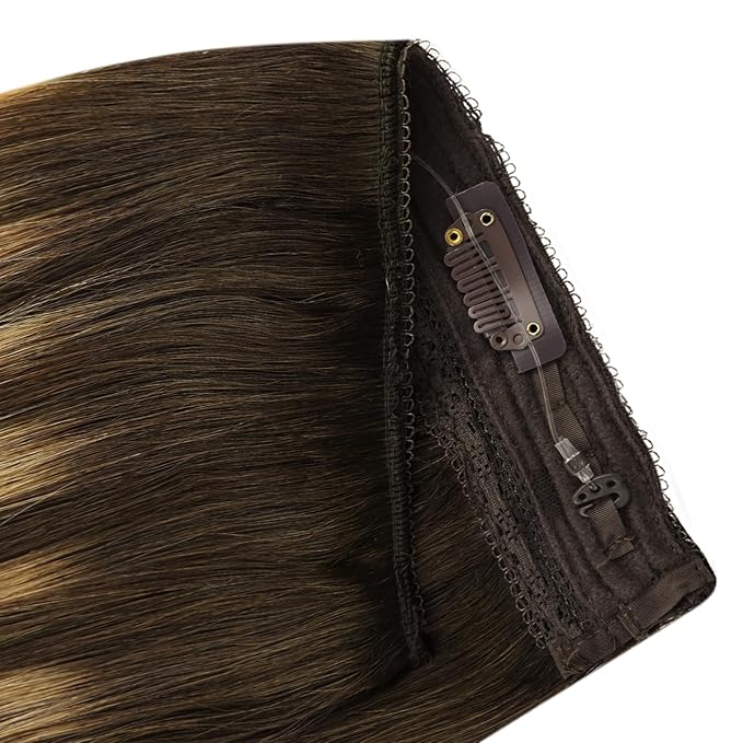 YoungSee Wire Hair Extensions Balayage Invisible Wire Hair Extensions Real Human Hair Chocolate Brown Mix Caramel Blonde Couture Hair Extension With Transparent Line 18In 80G