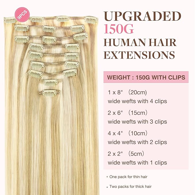 GOO GOO Clip in Hair Extensions Real Human Hair, Remy Human Hair Extensions Clip ins for Women, Natural Human Hair, 24inch 150g 9Pcs, #18D/22F Dirty Blonde Highlights