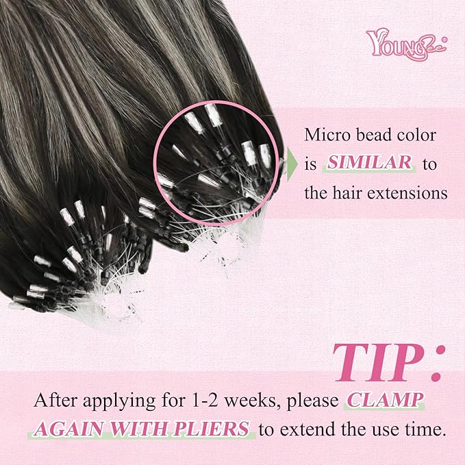 YoungSee Micro Bead Hair Extensions Real Human Hair Ombre Micro Loop Hair Extensions Human Hair Black Ombre Silver with Black Balayage Beaded Hair Extension 20In Cold Fusion Hair Natural 50g 50s