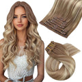 Moresoo Clip in Hair Extensions Brown to Blonde Ombre Hair Extensions Clip ins Real Human Hair Light Brown to Medium Blonde Full Head for Women Long Straight 120g/7pcs 18inch