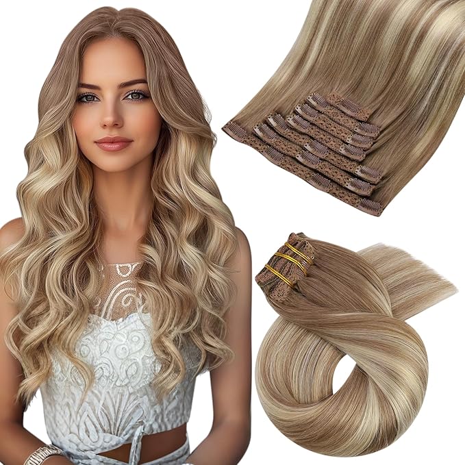 Moresoo Clip in Hair Extensions Brown to Blonde Ombre Hair Extensions Clip ins Real Human Hair Light Brown to Medium Blonde Full Head for Women Long Straight 120g/7pcs 18inch